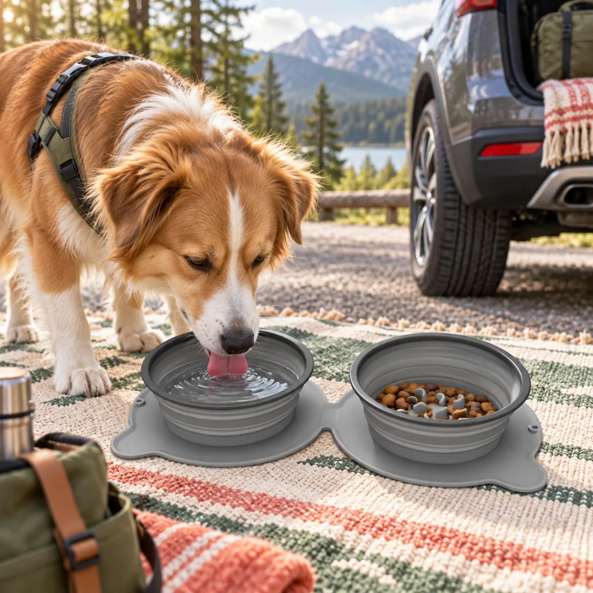 Dog using a gray DoubleGo collapsible double bowl beside a parked car