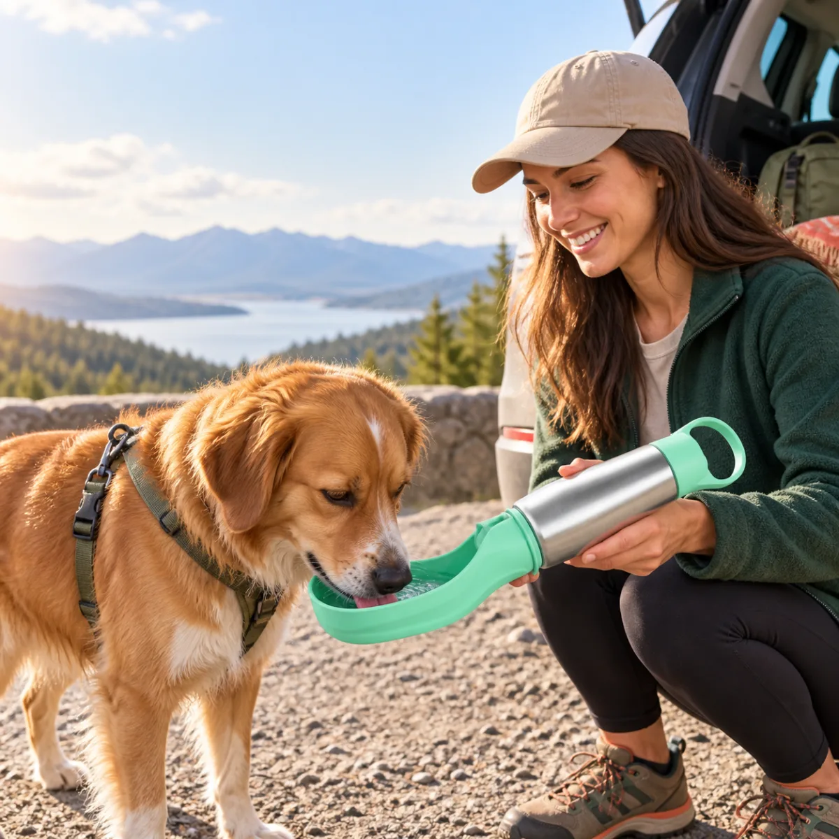 Dog drinking from the integrated cup of a mint HydraGo travel bottle during a road-trip stop